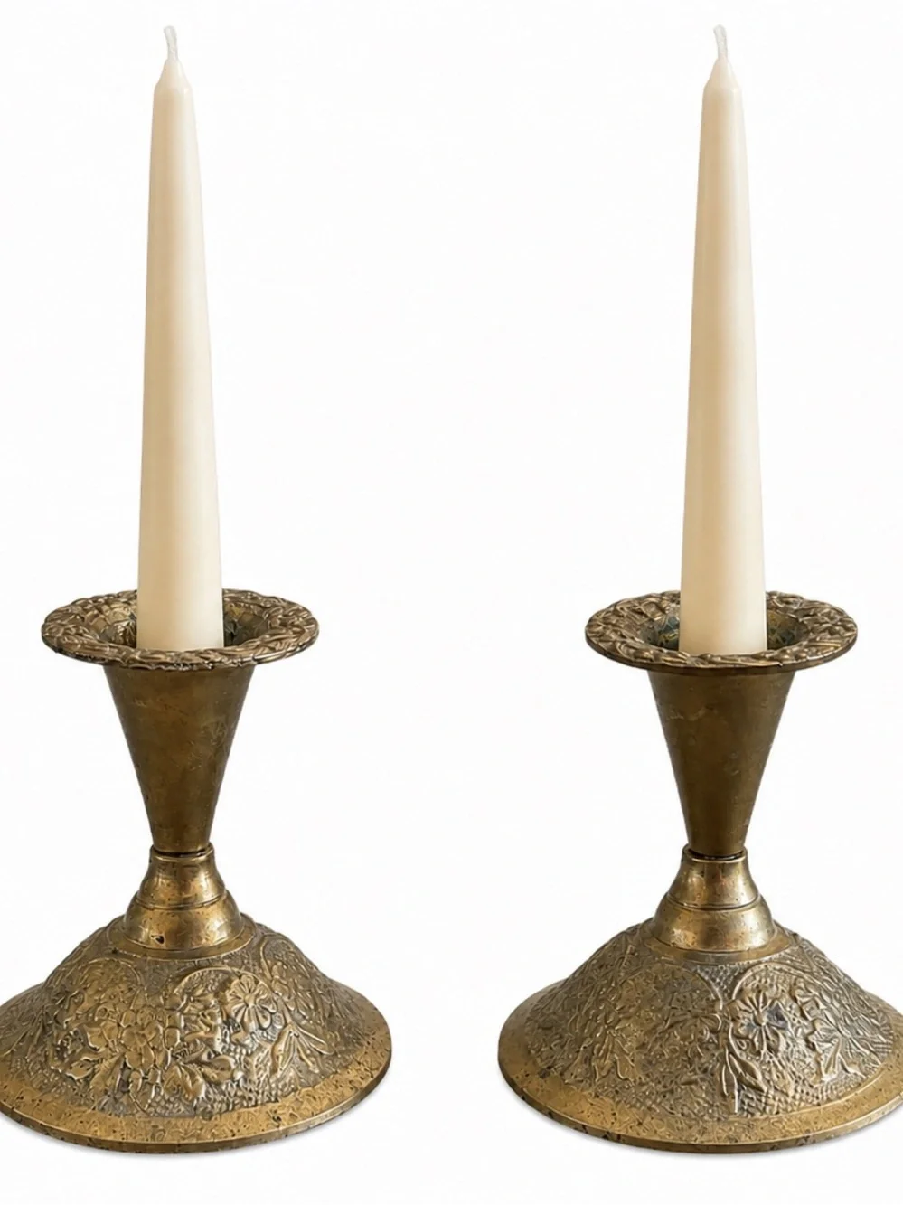 Vintage Goel India  Brass Taper Candle Holders Set of 2 Hand-Engraved Floral